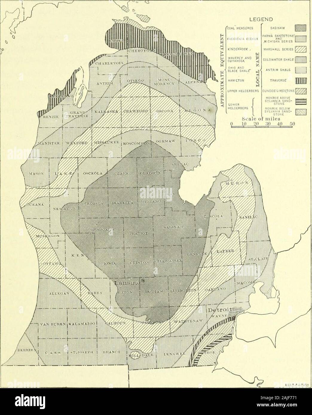 Water Supply and Irrigation Papers of the United States Geological Survey . fromwest to east. UNDERGROUND WATER SUPPLIES. SUPPLIES OF THE DRIFT. Eastern shore district.—This district embraces the eastward-slopingstrip lying between the moraines and the shores of Lakes Huron, St.Clair, and Erie, from Saginaw Bay to the southern limits of the State. The surface deposits of the region, except in some of the valleys a Compiled mainly from report by A. C.Lane on Water Resources of the Lower Peninsula of Michi-gan, Water-Supply and Irrigation Paper U. S. Geol. Survey No. 30, 1899. For facts relating Stock Photo