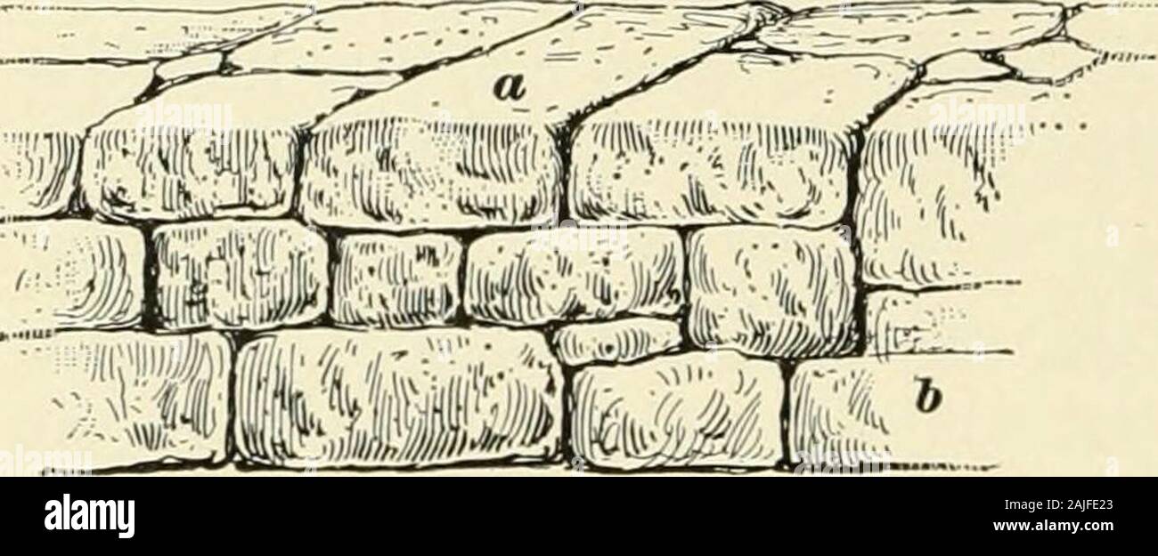 A treatise on architecture and building construction . Fig. m. (a) and  section {/?) of a 2&lt;)-inch rubble stone wall, shown ata, a, 1() feet  high, with footing stones d, 8 inches