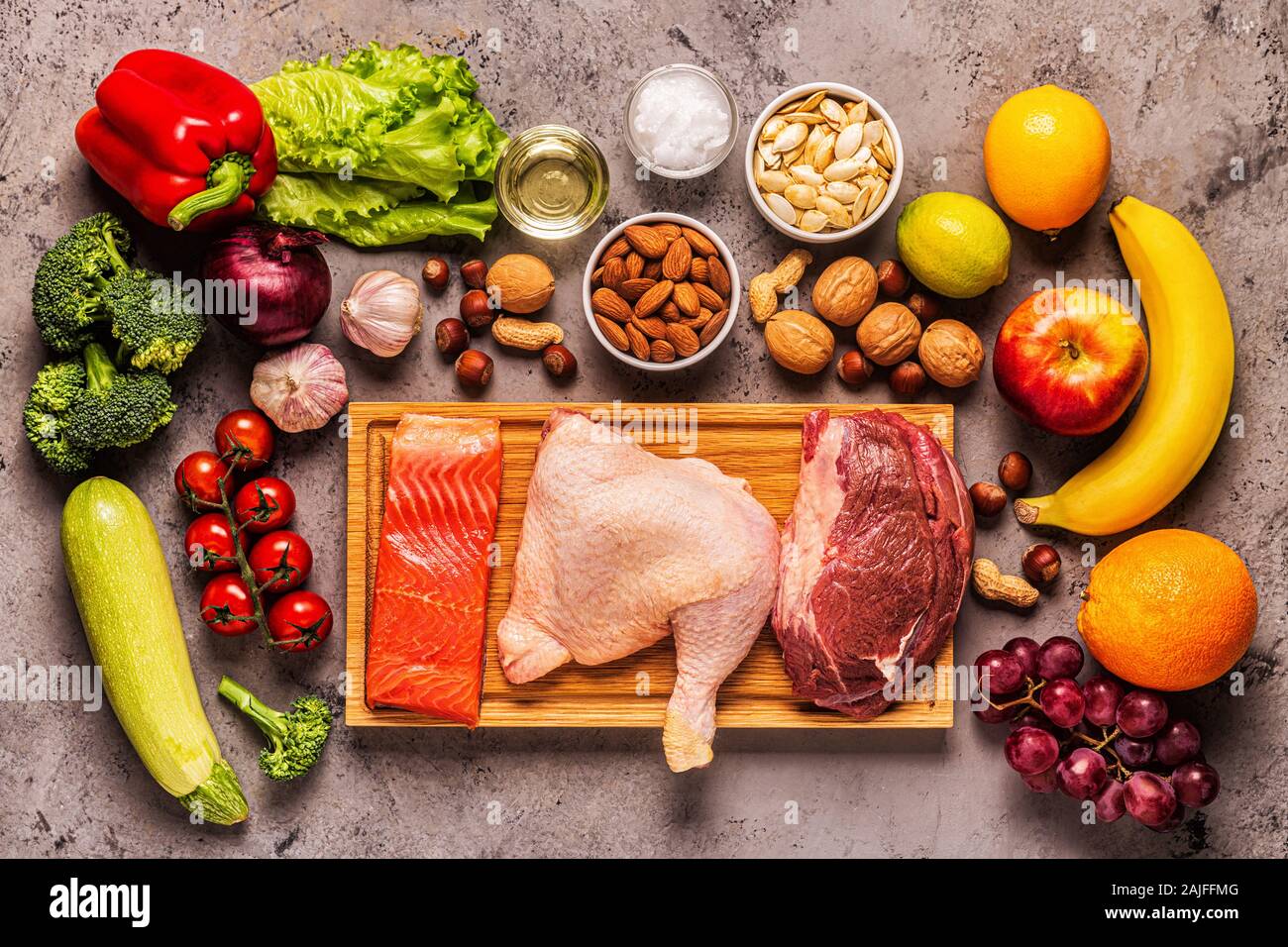 A set of products for paleo, pegan and a whole 30 diets, top view. Stock Photo