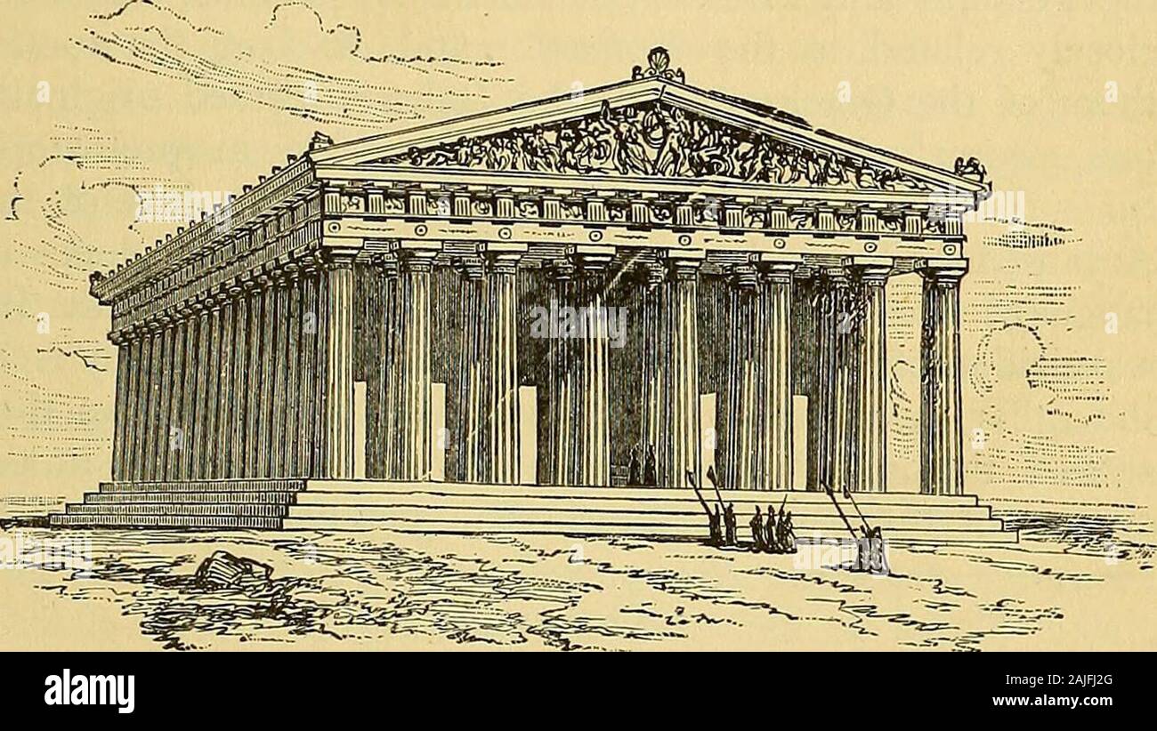 Outlines of the world's history, ancient, mediæval, and modern, with special relation to the history of civilization and the progress of mankind .. . GENERAL SKETCH. 73 SECTION II.HISTORY OF GREECE. CHAPTER I.GENERAL SKETCH.. T-iiE Parthenon restored. I. We are now to begin the fiistory of the two greatEuropean nations of antiquity, Greece and contrast ofRome, —the history of the glory that was guropein hi-Greece, and the grandeur that was Rome. *°y-The story of these nations fills the whole period betweenabout the year looo b. c. and the downfall of the WesternRoman Empire, 476 a. d. Between Stock Photo