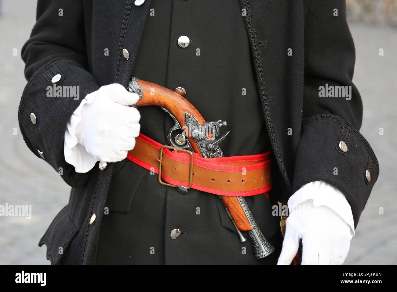 Details of military apparel used for the changing of the guards in Union Square Timisoara a theatrical reenactment of a historical event in city histo Stock Photo