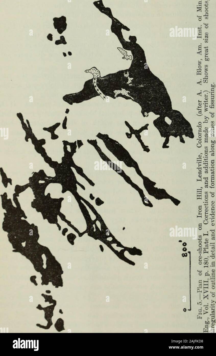 Transactions . d,so as to form stock-works, they are often nearer together thanthe distance to which re])lacement arising from a singlefissure may readily extend and the entire rock ma.ss is replacedwith its outer limits determined by the limits of the fracturedportion of the country rock. As movements which result in therupture of rocks generally occur along lines or linear zones whoselonger diameter is very much greater than the distance across thefractured zones, such ore deposits are generally linear, i.e., verymuch longer than they are broad. The presence of stockwork-like fi.ssures can b Stock Photo