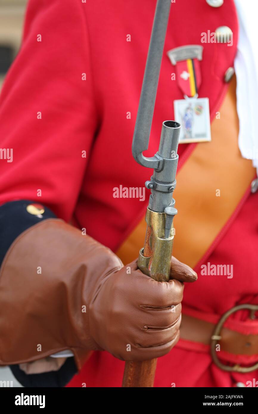 Details of military apparel used for the changing of the guards in Union Square Timisoara a theatrical reenactment of a historical event in city histo Stock Photo