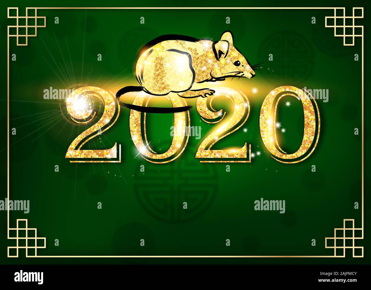 Light green background with shiny golden text, conceived as a support for Chinese / Vietnamese / Korean greeting cards for the Spring Festival 2020 Stock Photo