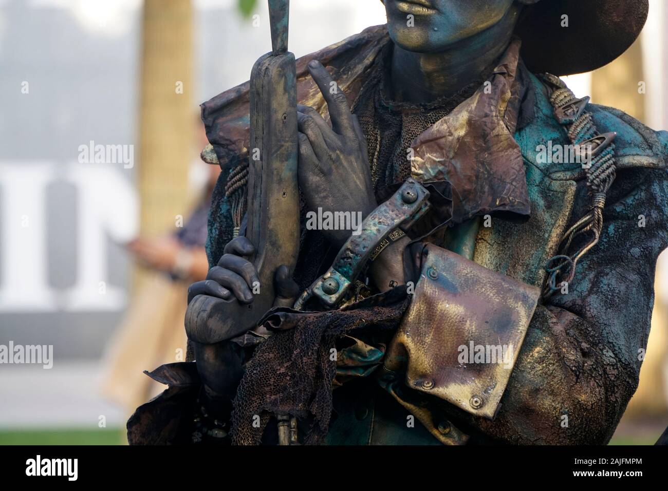 Details of Living statue of two pirates. Woman and man dressed in