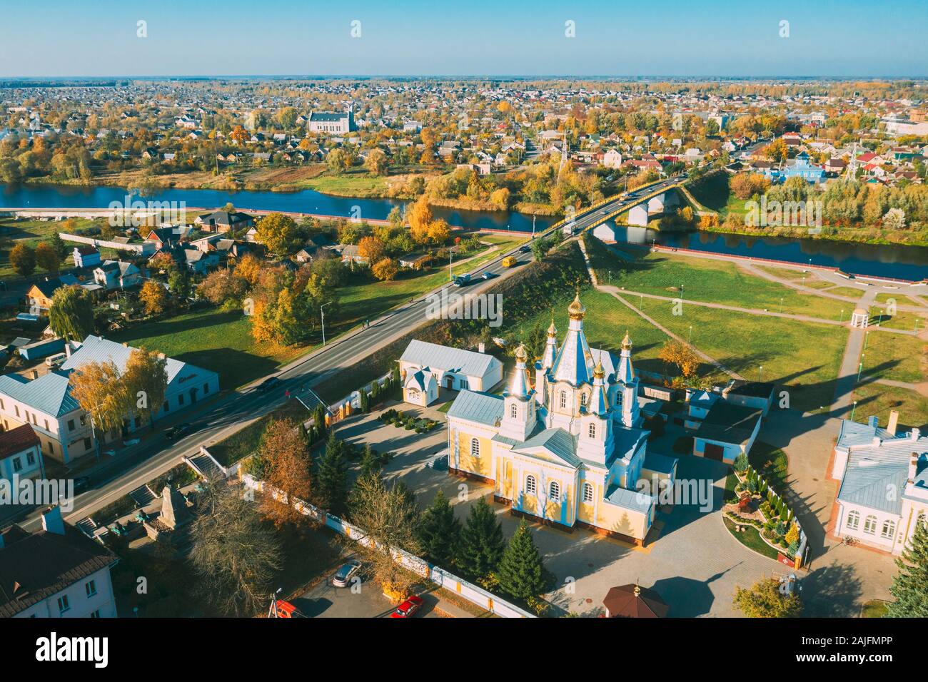 Kobryn, Brest Region, Belarus. Cityscape Skyline In Autumn Sunny Day. Bird's-eye View Of Church of St. Alexander Nevsky. Famous Historic Landmark. Stock Photo