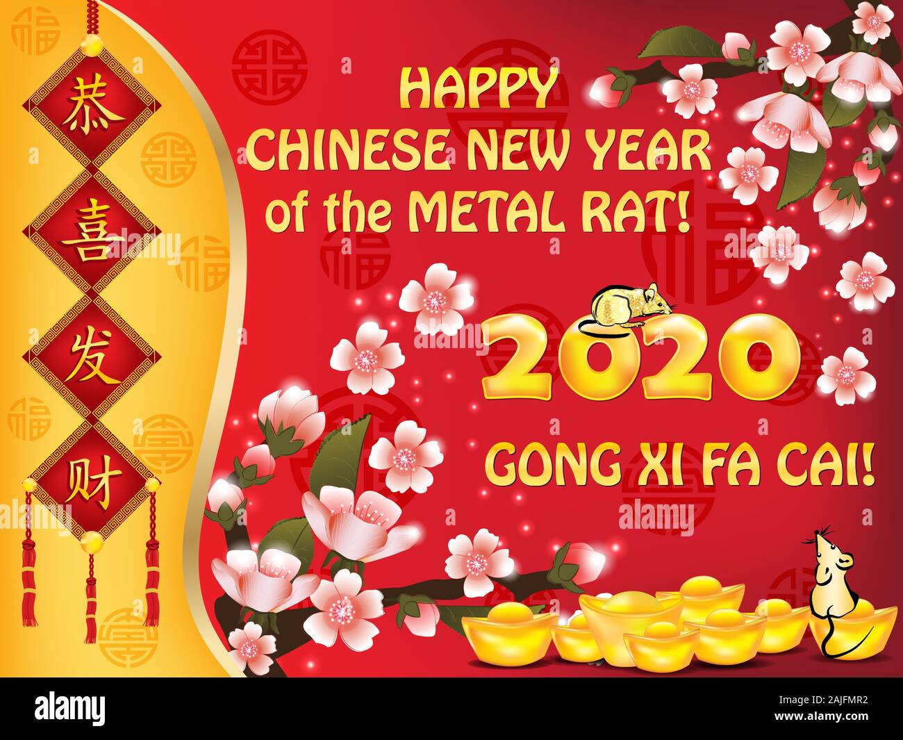 Happy Chinese New Year 2020. Floral greeting card with text in Chinese and English. Ideograms translation: Congratulations and make fortune. Stock Photo