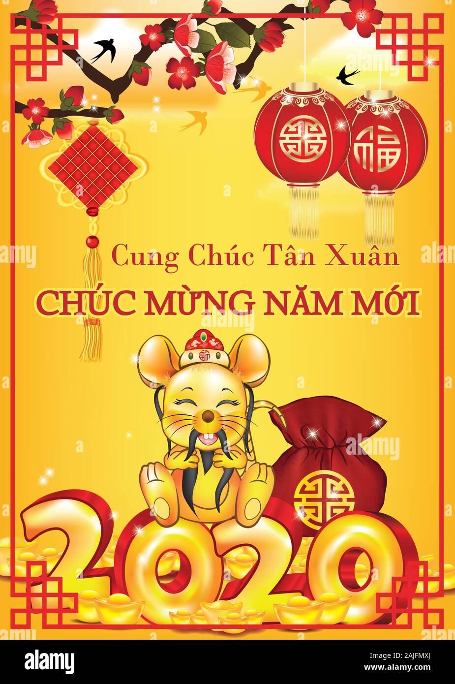 Happy New Year of the Rat 2020, greeting card with yellow background. Text translation: Wishing you good luck! Happy New Year! Stock Photo