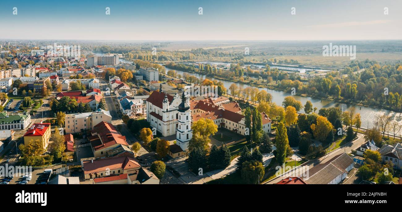 Pinsk, Brest Region, Belarus. Pinsk Cityscape Skyline In Autumn Morning. Bird's-eye View Of Cathedral Of Name Of The Blessed Virgin Mary And Monastery Stock Photo