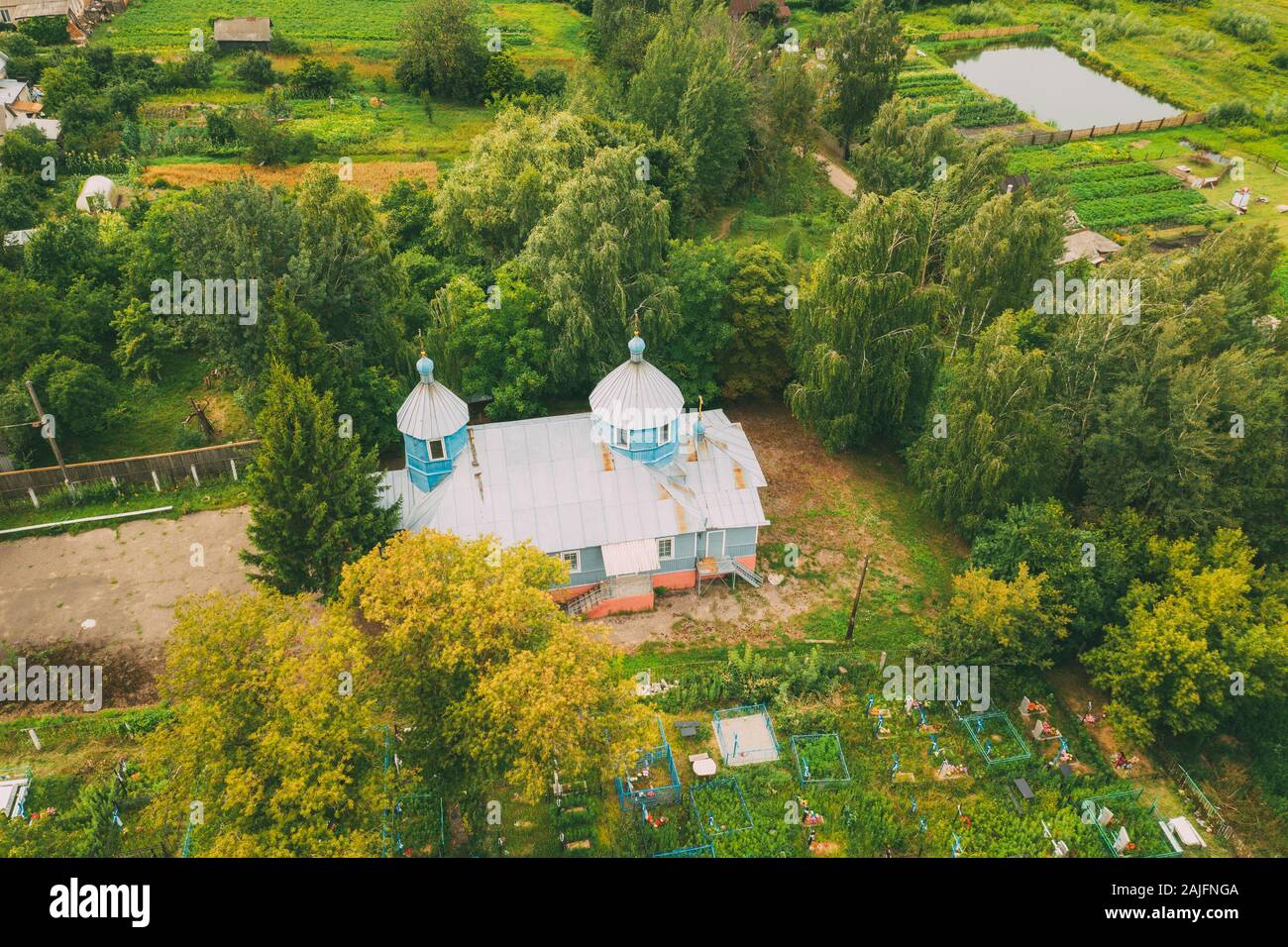 Khal'ch, Vetka District, Belarus. Aerial View Old  Church of the Archangel Michael. Top View From High Attitude In Summer Season. Drone View. Bird's E Stock Photo