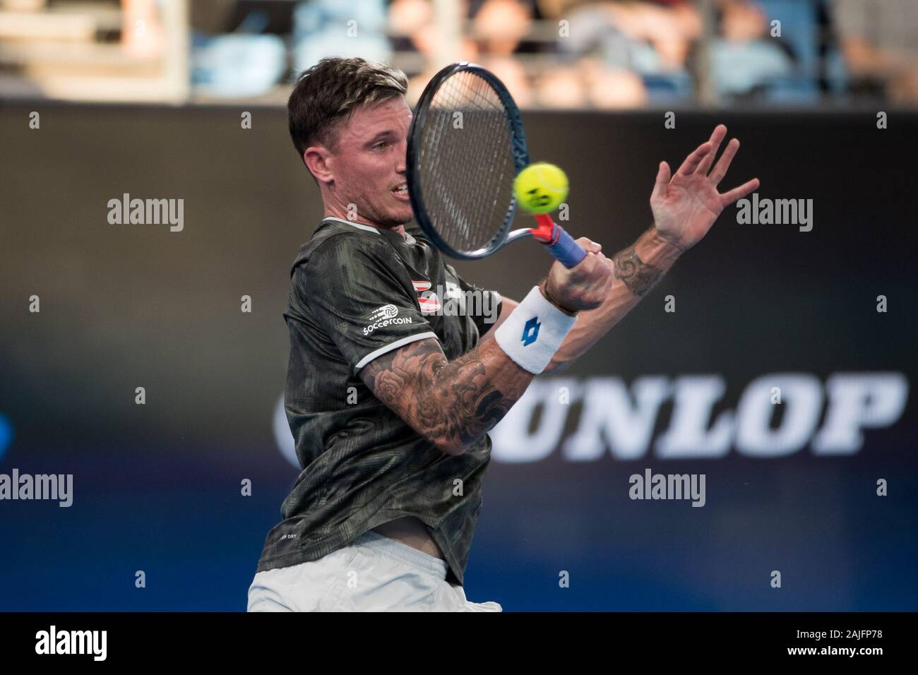 Sydney, Australia. 04th Jan, 2020. Dennis Novak of Austria plays a forehand during the 2020 ATP Cup, Ken Rosewall Arena, Sydney, Australia on 4 January 2020