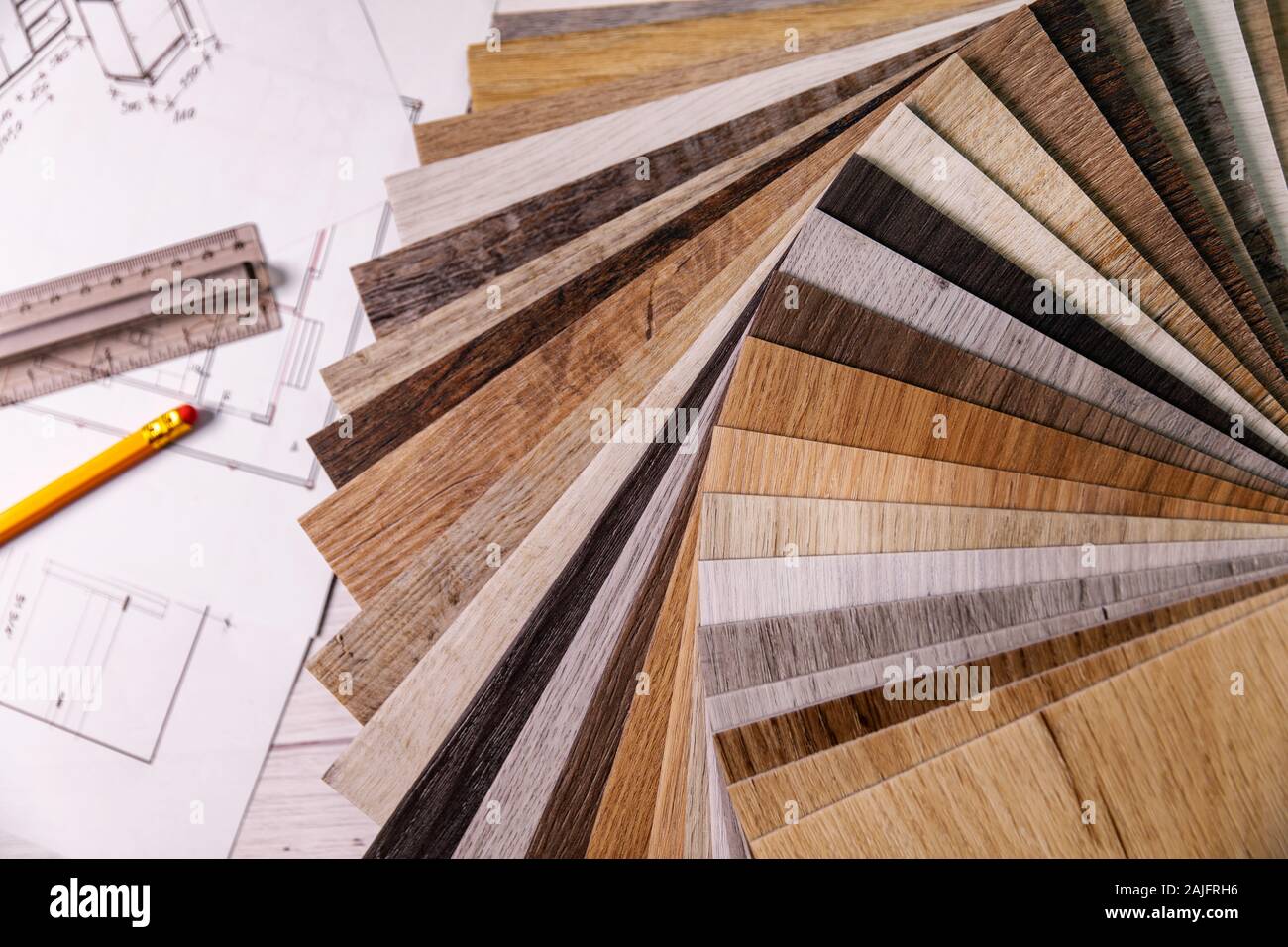 furniture laminate material samples and interior design plans Stock Photo