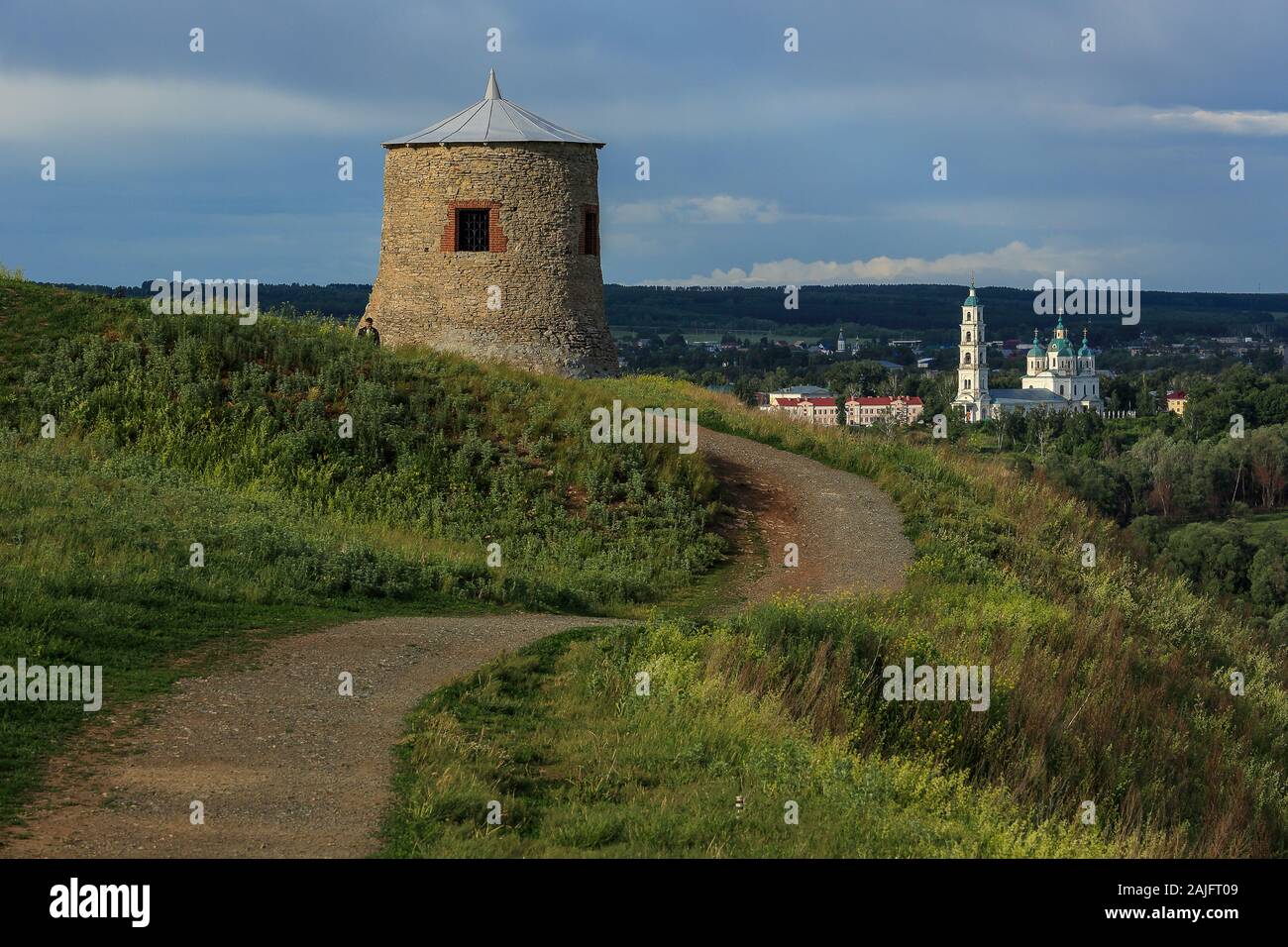 Tower of ancient Bulgar fortress on a high cliff on the banks of the Kama River. Elabuga, Republic of Tatarstan, Russia Stock Photo