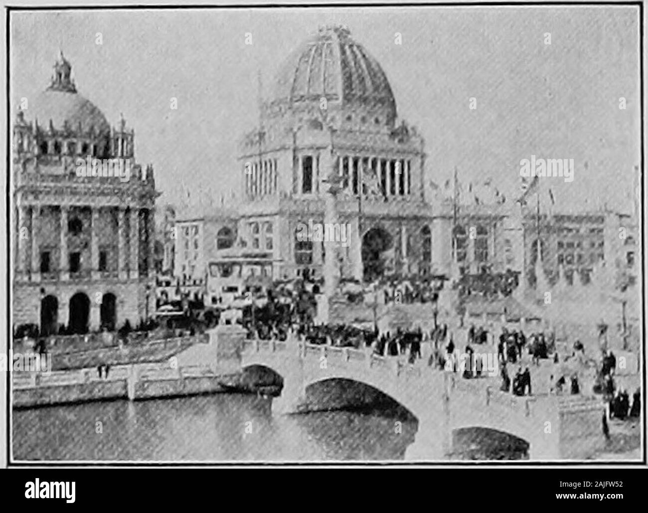 History of the United States from the earliest discovery of America to the end of 1902 . xplosion, the brave engineer barely 1893] WORLDS COLUMBIAN EXPOSITION loi saved his life. Firemen were soon onhand. Sixteen of them forthwith madetheir way to the balcony near the blazingsummit. Suddenly their retreat was cutoff by a burst of fire from the base of thetower. The rope and hose parted and pre-cipitated a number who were sliding backto the roof. Others leaped from the colos-sal torch. In an instant, it seemed, thewhole pyre was swathed in flames. As ittoppled, the last wretched form was seen t Stock Photo