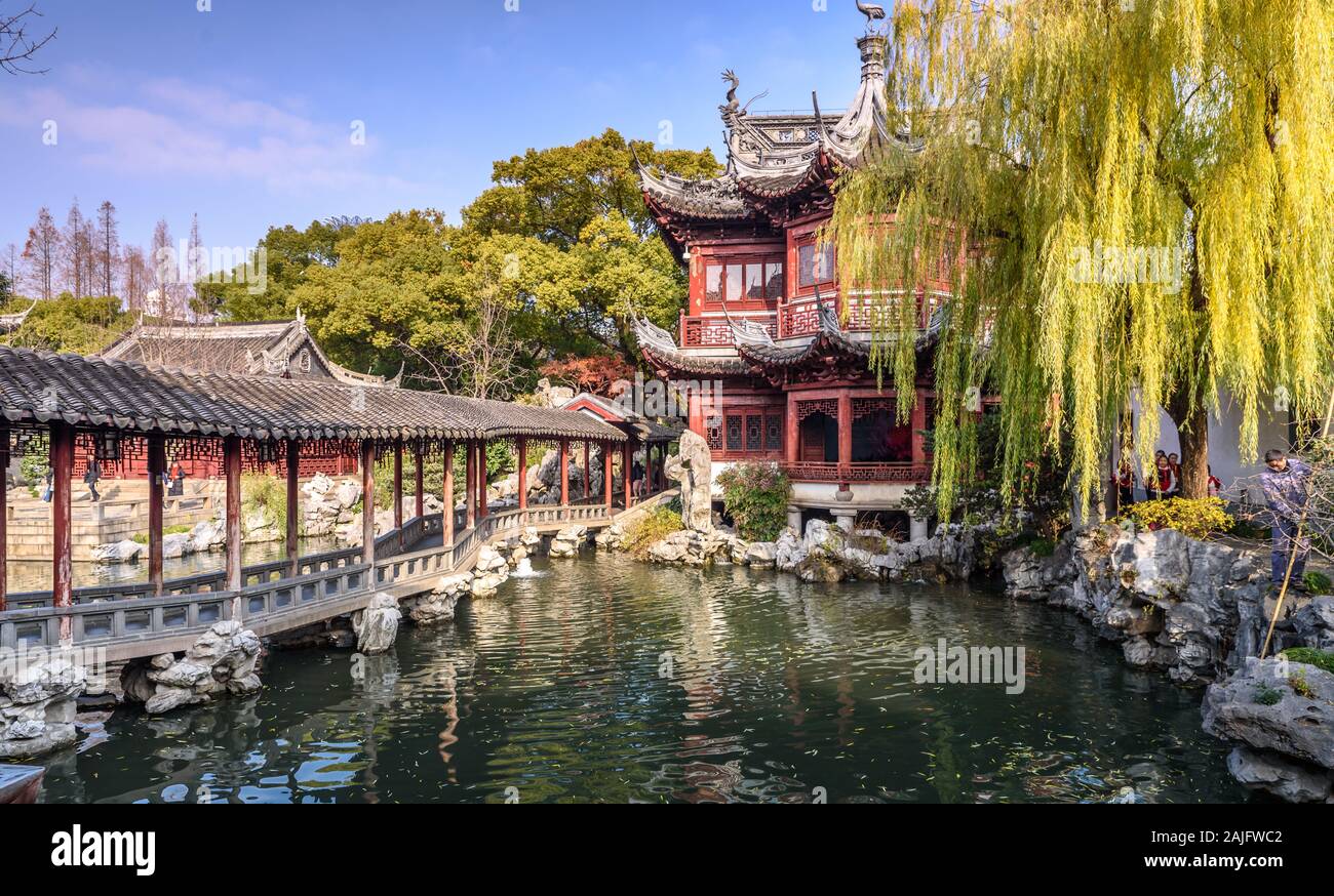 Shanghai, China: Yu Yuan Garden pavilion, traditional Chinese architecture located beside the City God Temple, Old City of Shanghai Stock Photo