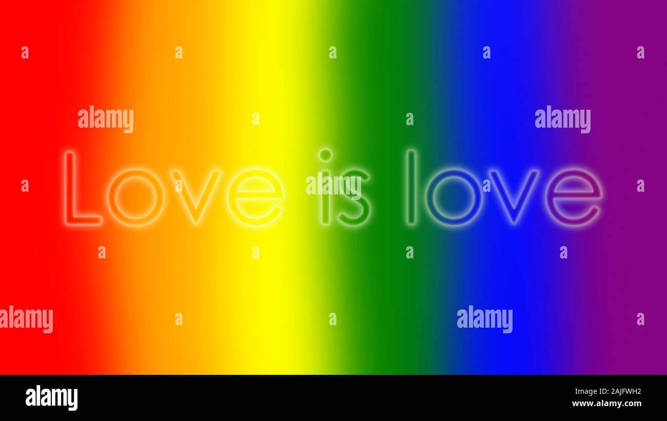 Modern and glowing 'Love is love' text, LGBT movement's rainbow flag's colors blurred on the background. Digital image in 4k resolution. Stock Photo