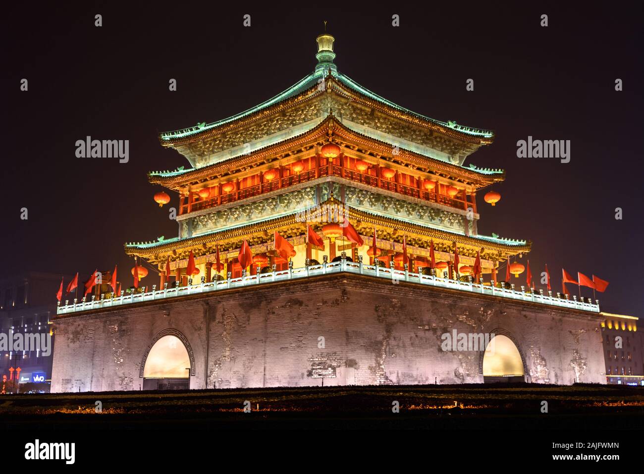 Xi’an, China - January 3 2018: Beautifull scenic view of The Bell Tower of Xian illuminated by night Stock Photo