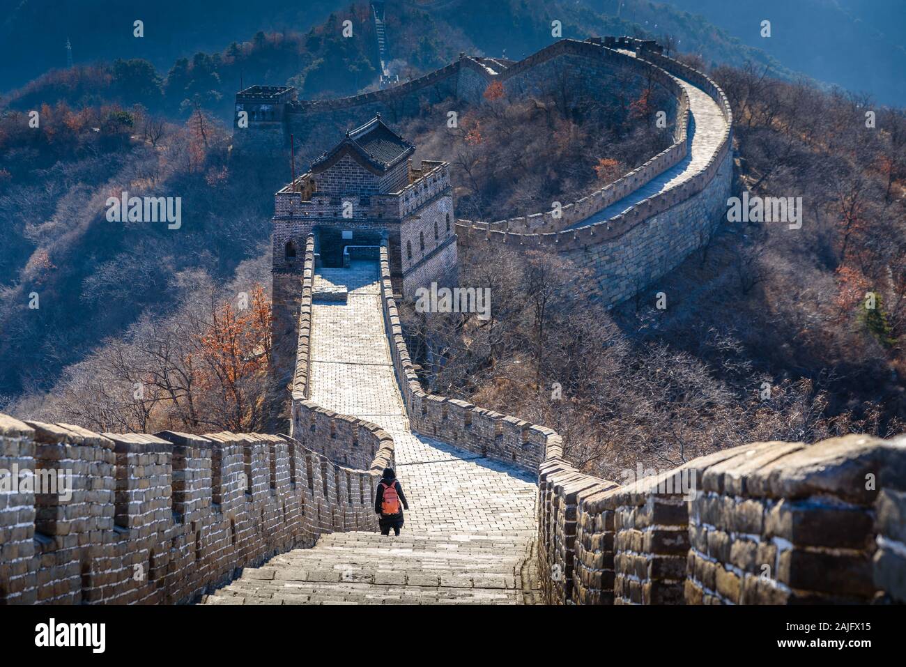 Panoramic view of Great Wall of China in winter, Mutianyu Section, defensive tower Stock Photo
