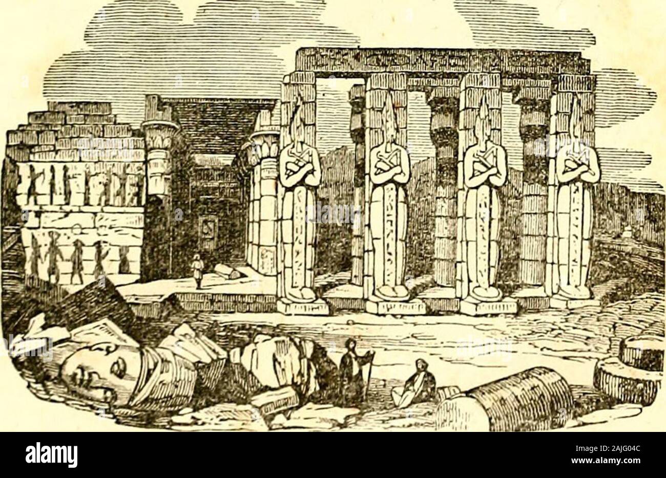 Peter Parley's common school history Illustrated by engravings . Sesostris went to worship in the temple, he rode in achariot which was drawn by captive kings. They were harnessedlike horses, four abreast; and their royal robes trailed in the dust asthey tugged the heavy chariot along. But at length the proud Sesos-tris grew old and blind. He could no longer look around him, and,see captive kings drawing his chariot, or kneeling at his footstool.He then became utterly miserable, and committed suicide. CHAPTER XL.—AFRICA CONTINUED. Egyptian Architecture and Sculpture. 1. The ancient history of Stock Photo