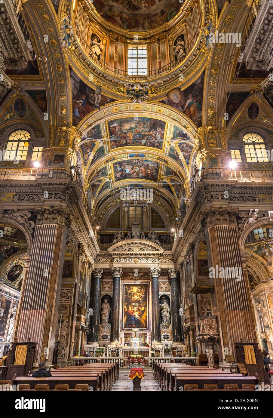 Genova, Genova, Italy: Marble interior, frescoed ceilings, baroque church Chiesa dei Santi Ambrogio e Andrea, Chiesa del Gesù, Piazza Matteotti Stock Photo