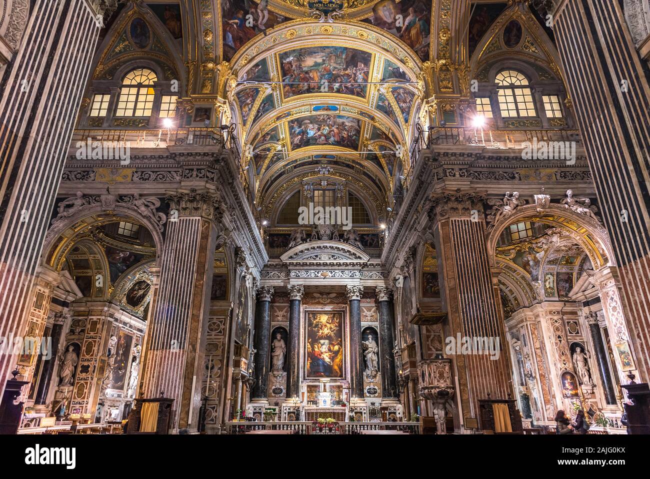 Genova, Genova, Italy: Marble interior, frescoed ceilings, baroque church Chiesa dei Santi Ambrogio e Andrea, Chiesa del Gesù, Piazza Matteotti Stock Photo
