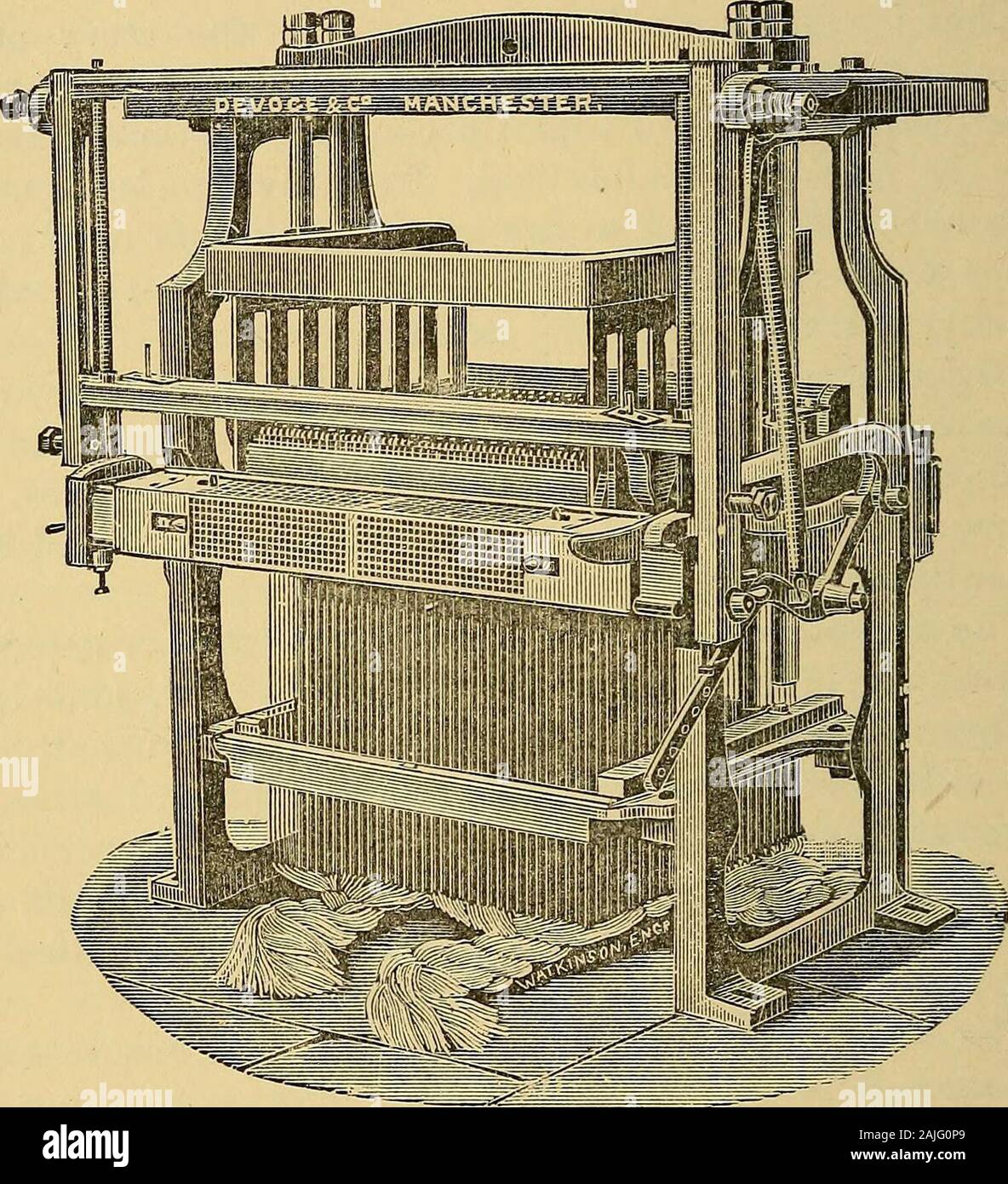Cotton weaving: its development, principles, and practice . or type of the machine, its chiefparts are essentially the same, however modified foradaptation to particular requirements. The accompanying illustration, fig. 121, represents astandard make and type of jacquard, containing 400needles and one cylinder, and arranged for what is termedthe double lift: that is, it is a 400 needle machine, butinstead of having only 400 hooks it has 800 or two toeach needle, and also two griffes instead of one. Thismachine is extensively used in weaving cotton goods andall fabrics in which high speed is de Stock Photo