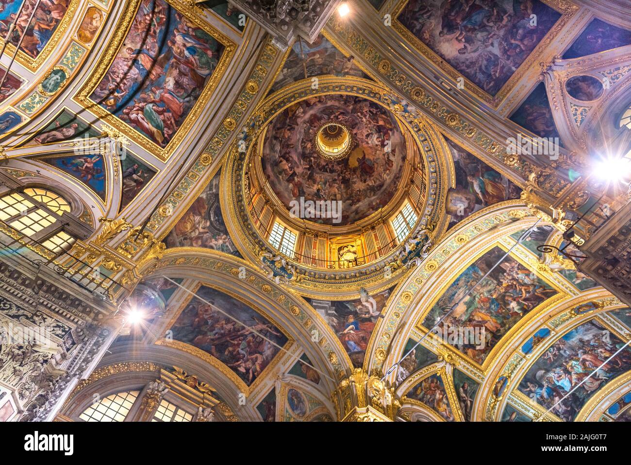 Genova, Genova, Italy: frescoed ceilings, dome of baroque church Chiesa dei Santi Ambrogio e Andrea, Chiesa del Gesù, Piazza Matteotti Palazzo Ducale Stock Photo