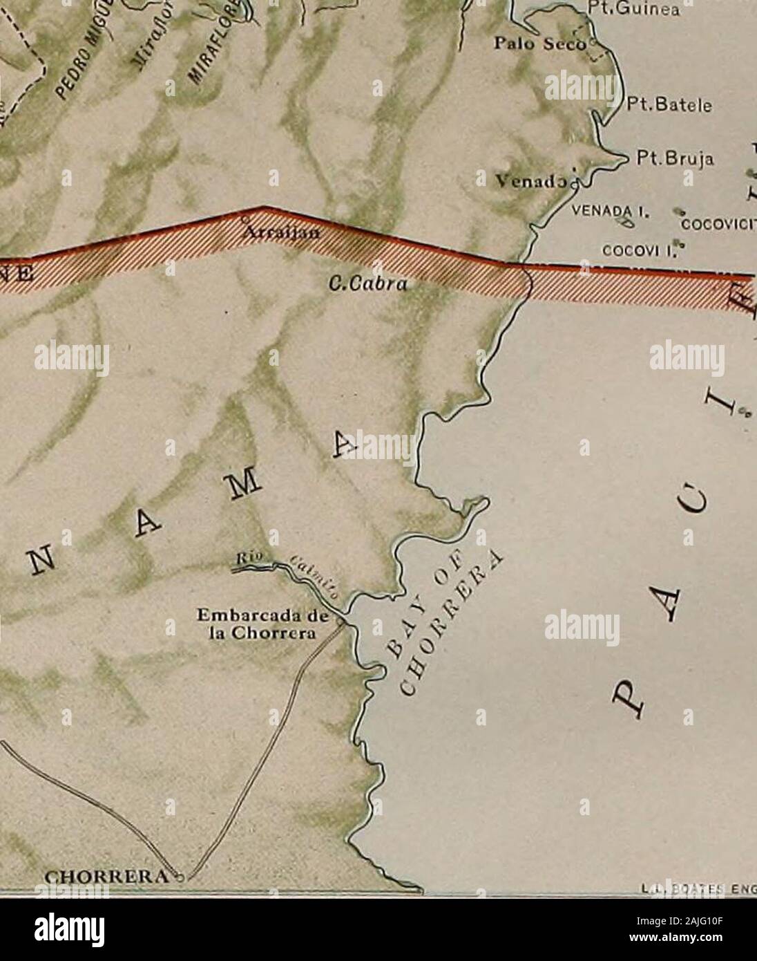 Panama and the canal in picture and prose .. . ^ ^T^^Ai^TSTTS «^ / .^ y ;*• ft.Guinea Pt.Batele ^ p, g TORTOLITA I. N COCOVICITA 1, fife^. CHORUER^ EWGRG CO., H.t Note: From its Atianticend at Colon, the Canalruns for 10 miles duesunth; then its generalcourse is to the eastwardinto the Pacilic. This isquite contrary to thepopular conception of itsgeneral direction and isdue to the fact that tlieIsthmus, at the Canal,bends to the eastward, sothat the Pacific Ocean atthis point is south and eastof the Atlantic, as shownbv the small inf;ert map atthe lower left liand cornerof the main map above. Stock Photo