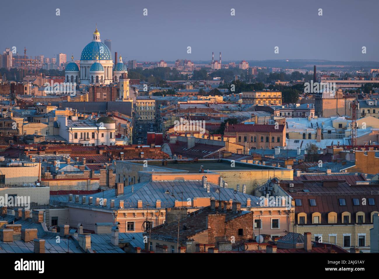 St Petersburg aerial cityscape: Trinity Cathedral (Troitsky Cathedral) in Saint Petersburg, Russia, late example of Empire style by Vasily Stasov Stock Photo