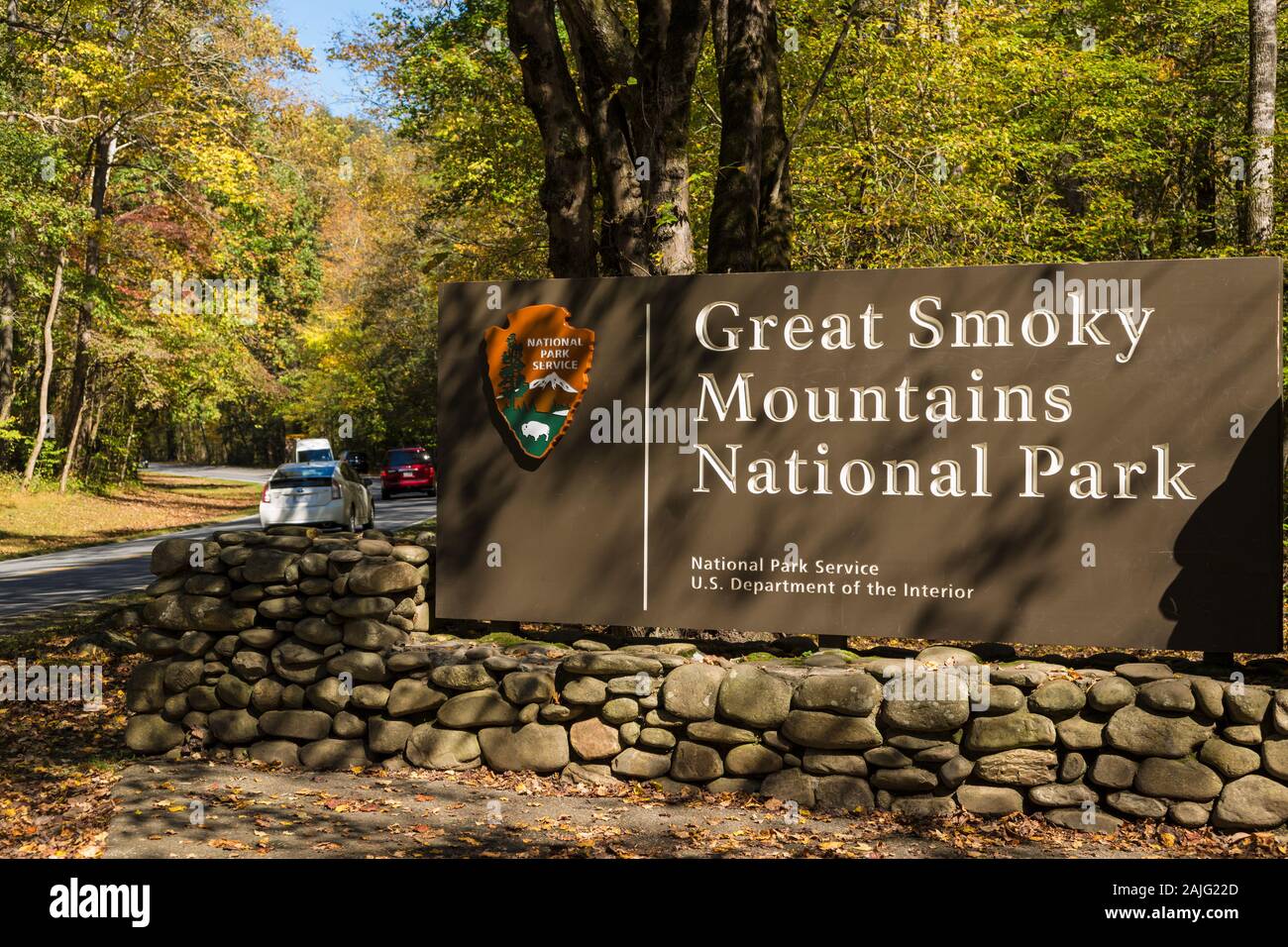 Entrance sign to Great Smoky Mountains National Park, NC, USA Stock Photo