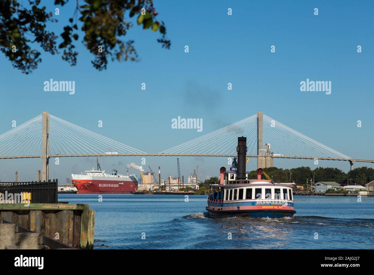 Ferry boat and bridge, Savannah, GA, USA Stock Photo