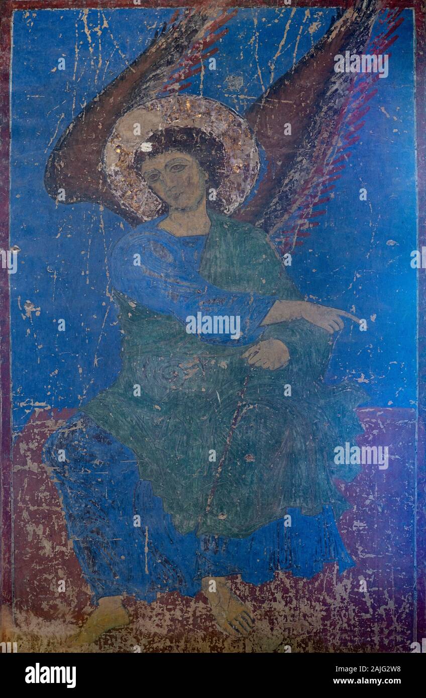 The Annunciating Angel, also called Kintsvisi Angel, painted in Kintsvisi Blue made of Lapis Lazuli rock, Kintsvisi Monastery, Georgia Stock Photo