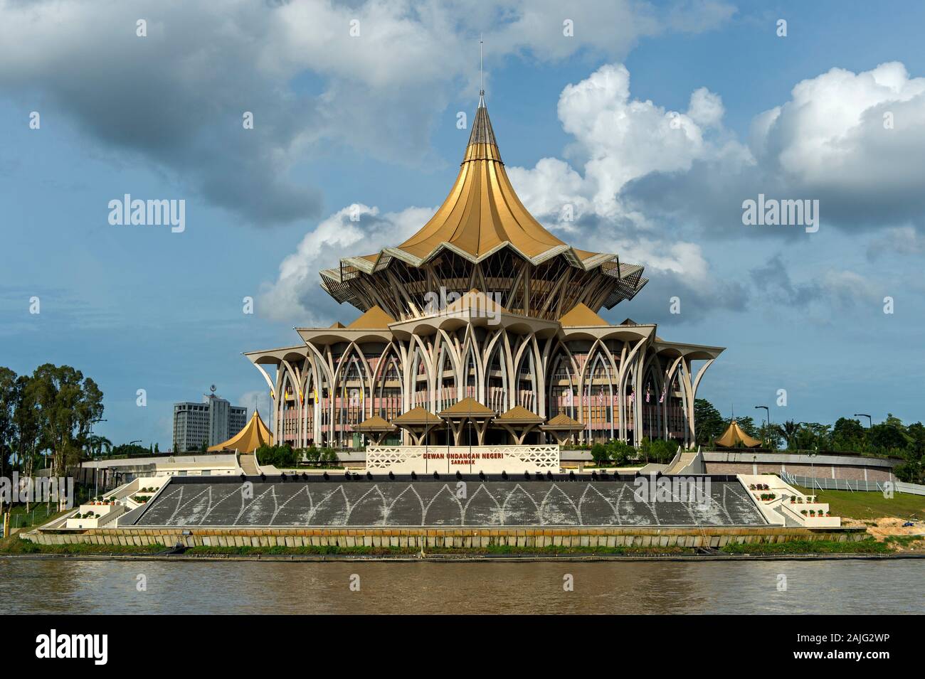Sarawak State Legislative Assembly Building, Dewan Undangan Negri State Assembly, at the Sarawak river, Kuching, Sarawak, Borneo, Malaysia Stock Photo