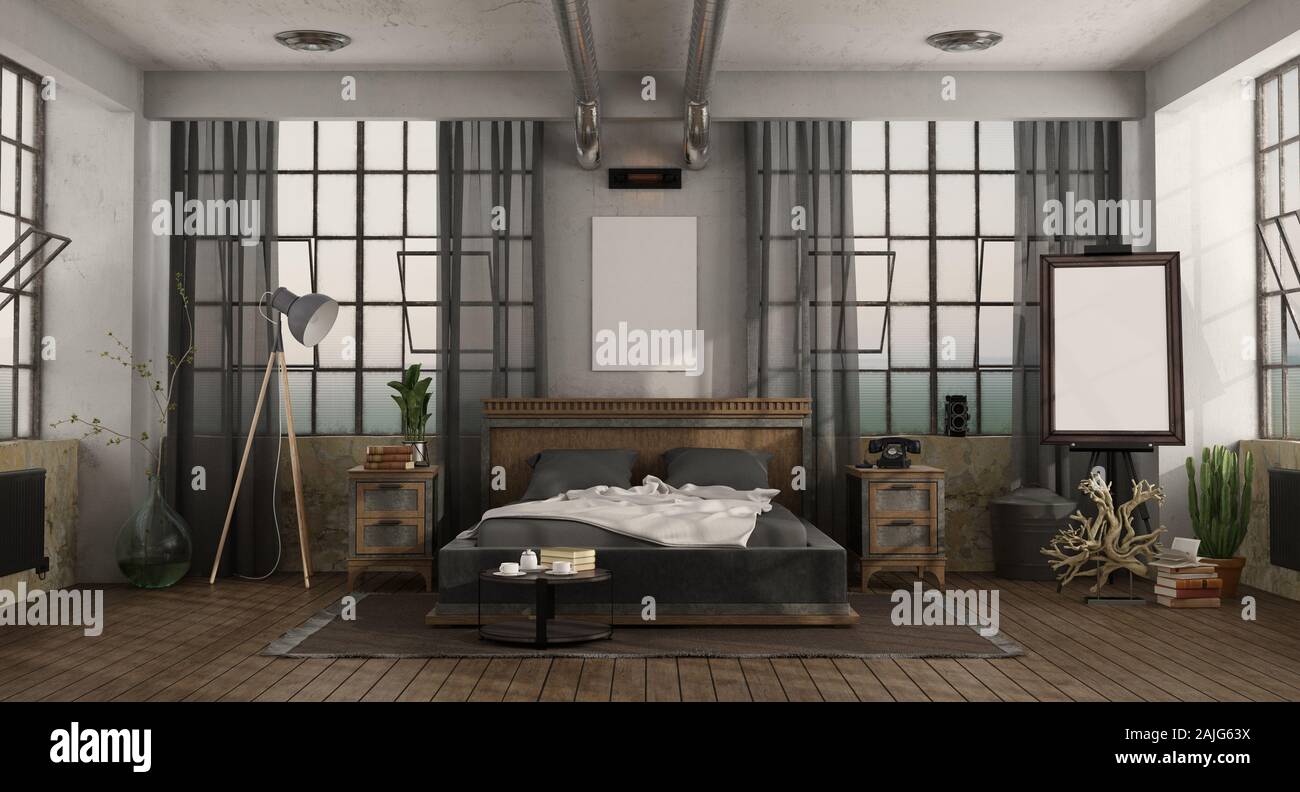 Vintage master bedroom with retro double bed in a loft - 3d rendering Stock Photo