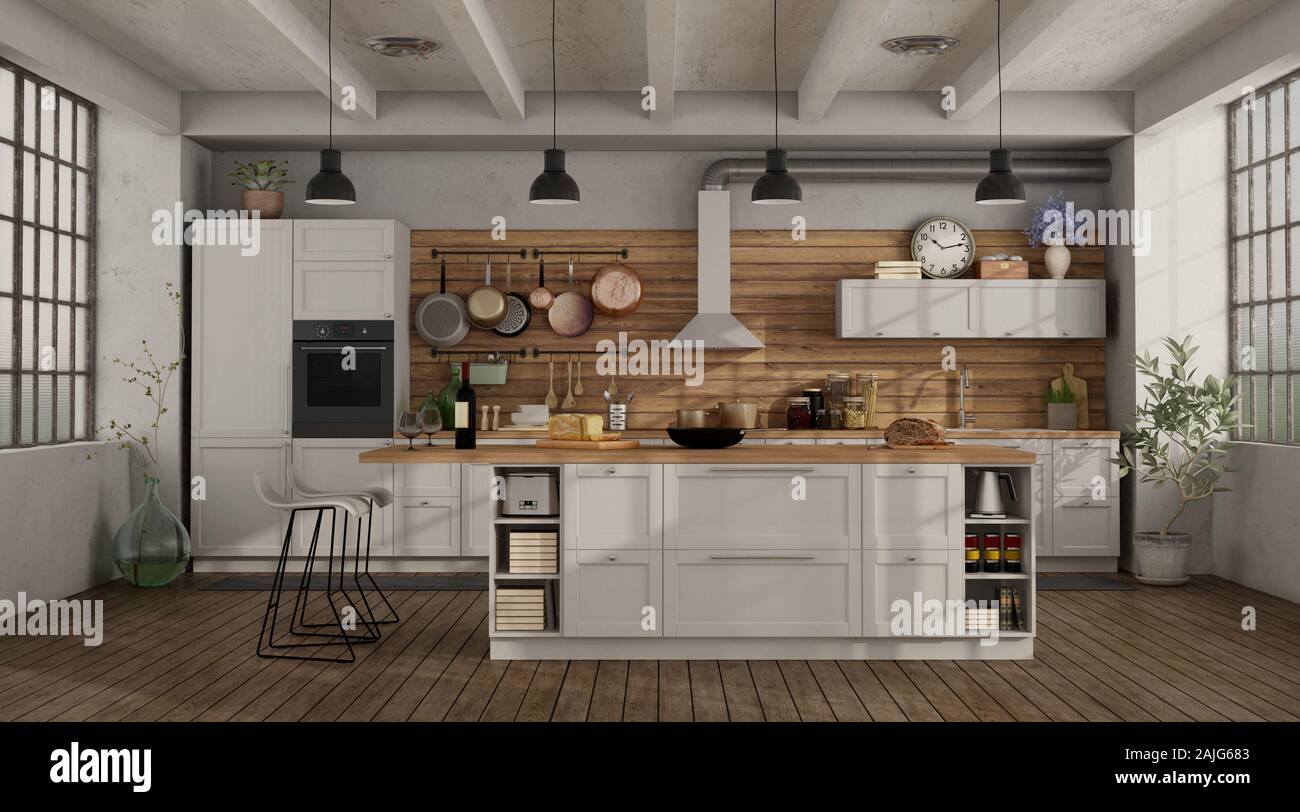 Retro white kitchen in a loft with island and barstool 3d rendering