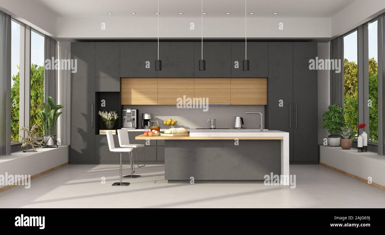 Minimalist concrete and wooden Kitchen with island and large windows - 3d rendering Stock Photo