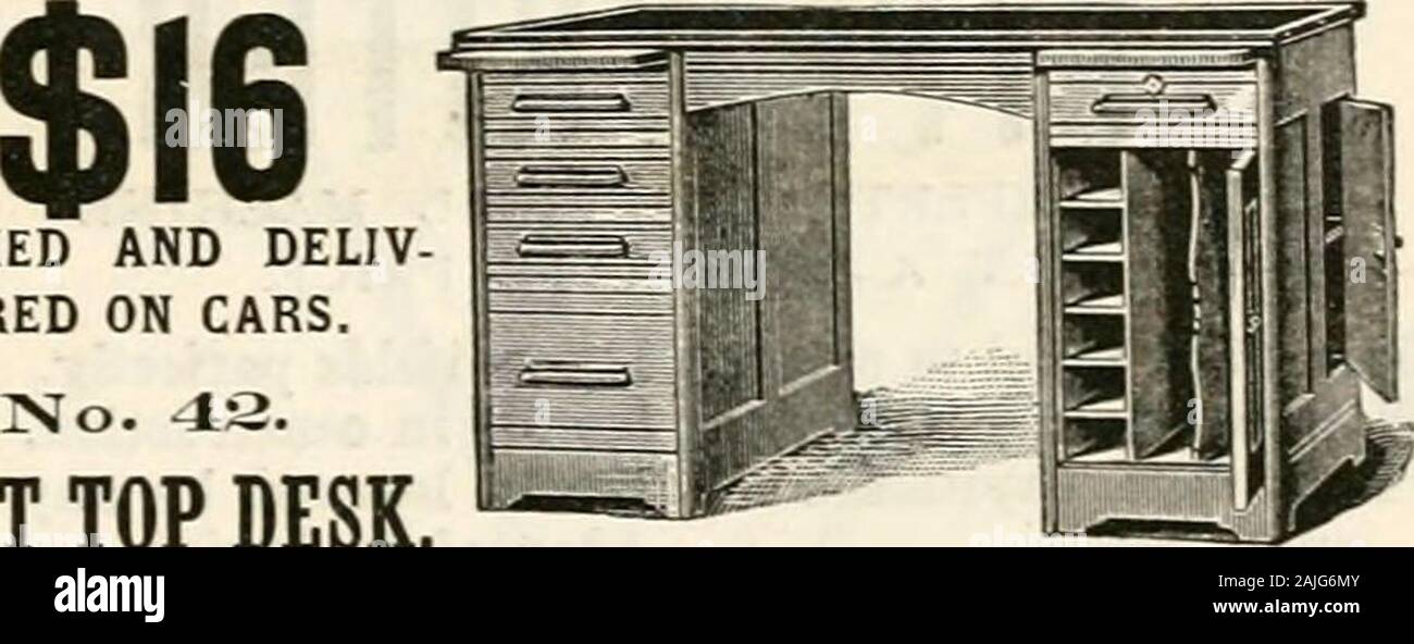 The Century illustrated monthly magazine . $20 PACKED AND DELIVERED ONCARS. ?&gt;ro. 30TYPEWRITER DESK, Made in Walnut, Cherry or Oak.J. Size 46 X 25^&lt; inches, 32 incheshigh. The Type-Writer is se-cured by clamps to a shelf, whichrecedes as the lid closes and locks,shielding it from dust, and presenting a sloping-top desk for theordinary uses, with writing surface and slides veneered. It is solid,substantial and well made. 4.3 AND 45 South meridian St. Jan. 90.. PACKED AND DELIV ERED ON CARS. FUTTOPDESK. Made in Walnut, Cherrj or Oak. Size 54 x 33^ inches. Twoslides above drawers. Automatic Stock Photo