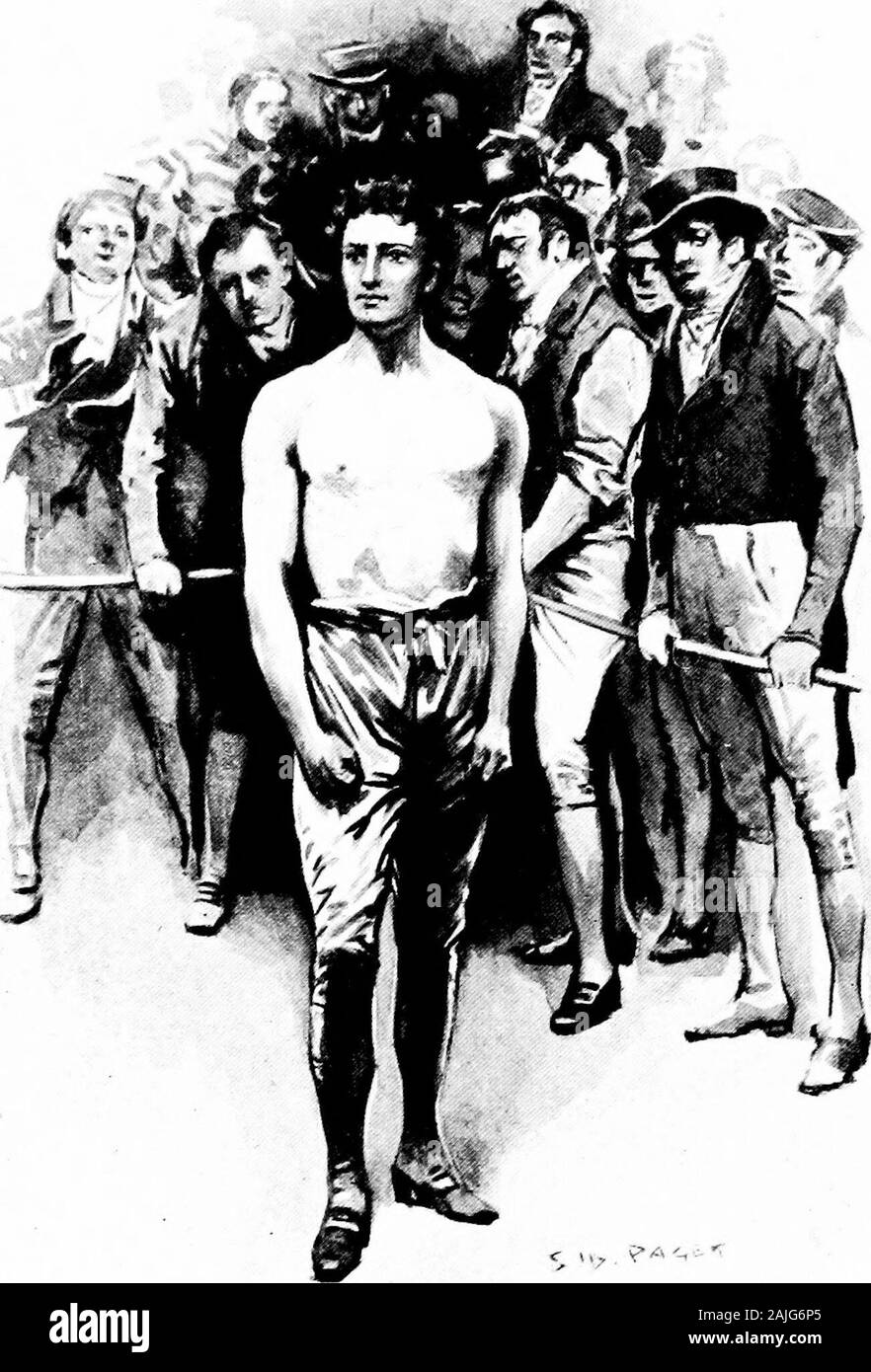 Rodney Stone . h man, I should have seen nothing had I notfound an upturned bucket in a corner uponwhich I perched myself with the wall at myback. It was a large room, with a wooden floor andan open square in the ceiling, which was fringedwith the heads of the hostlers and stable boyswho were looking down from the harness roomabove. A carriage lamp was slung in each cor-ner, and a very large stable lantern hung from arafter in the centre. A coil of rope had beenbrought in, and, under the direction of Jackson,four men had been stationed to hold it. What space do you give them ? asked myuncle. T Stock Photo