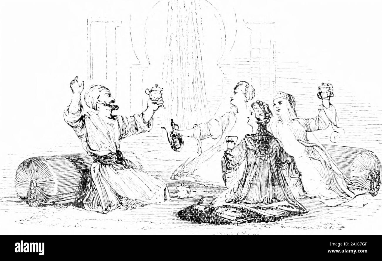 The thousand and one nights (Volume 1): commonly called, in England, the Arabian nights' entertainments . I obtainedmy first and only pay this day from none but thee:—and the otherladies said to him, Sit down : thou art welcome. The cateress then arose, and, having tightened her girdle, arrangedthe bottles, and strained the wine, and prepared the table by the poolof the fountain. She made ready all that they required, brought thewine, and sat down with her sisters ; the porter also sitting with them,thinking he was in a dream. And when they had seated themselves,the cateress took a jar of wine Stock Photo