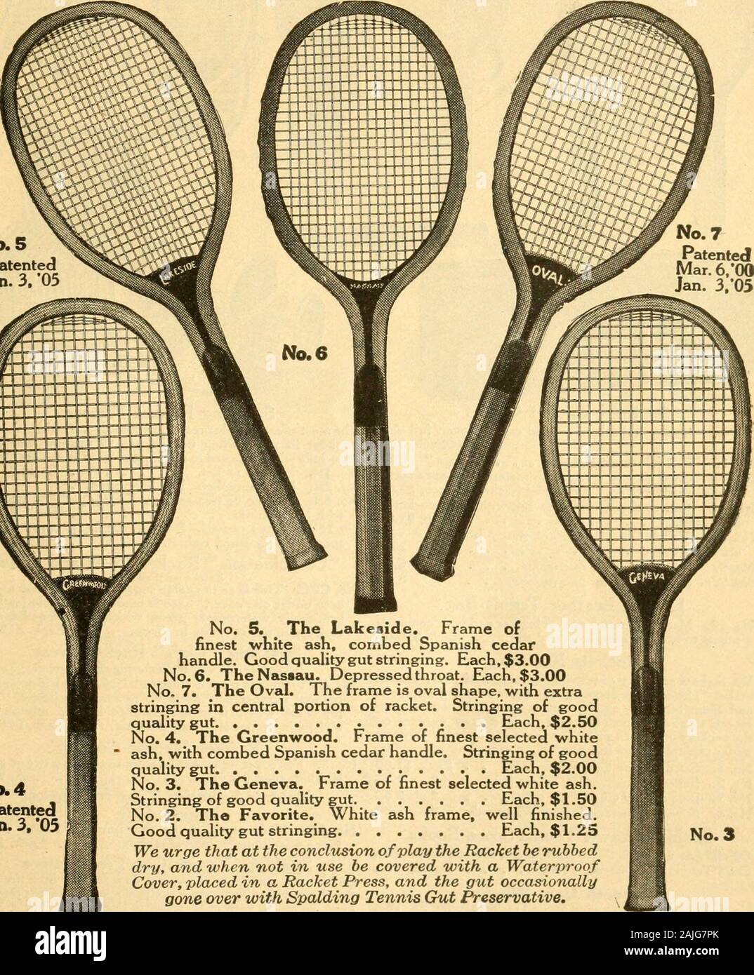 The tennis primer . No.4 PatentedJan. 3.-05 No. 5. The Lakeside. Frame of  finest white ash, combed Spanish cedar handle. Good quedity gut stringing.  Each, $3.00 No. 6. The Nassau. Depressed throat.