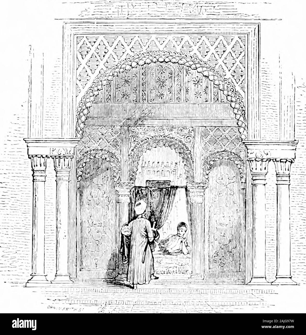 The thousand and one nights (Volume 1): commonly called, in England, the Arabian nights' entertainments . me youth, well-shaped, and of eloquentspeech, with shining forehead, and rosy cheek, marked with a moleresembling ambergris. The King was rejoiced at seeing him, andsaluted him ; and the young man (who remained sitting, and was cladwith a vest of silk, embroidered with gold, but who exhibited traces ofgrief) returned his salutation, and said to him, 0 my master, excusemy not rising.—0 youth ! said the King, inform me respecting thelake, and its fish of various colours, and respecting this Stock Photo