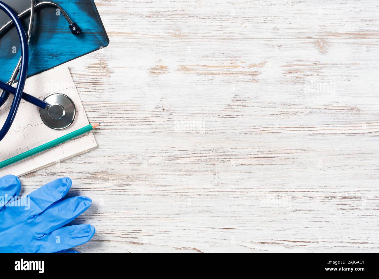 Medical diagnostics in modern hospital. Top view of doctor desk with x ...