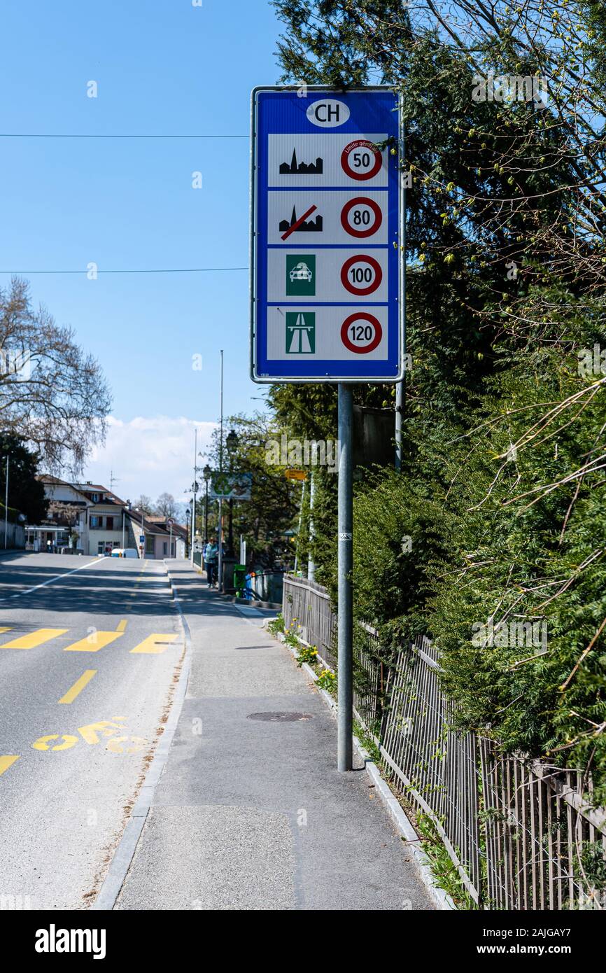 Geneva Switzerland April 14 19 French Border With Switzerland Road Sign On Traffic Regulations In Switzerland Image Stock Photo Alamy