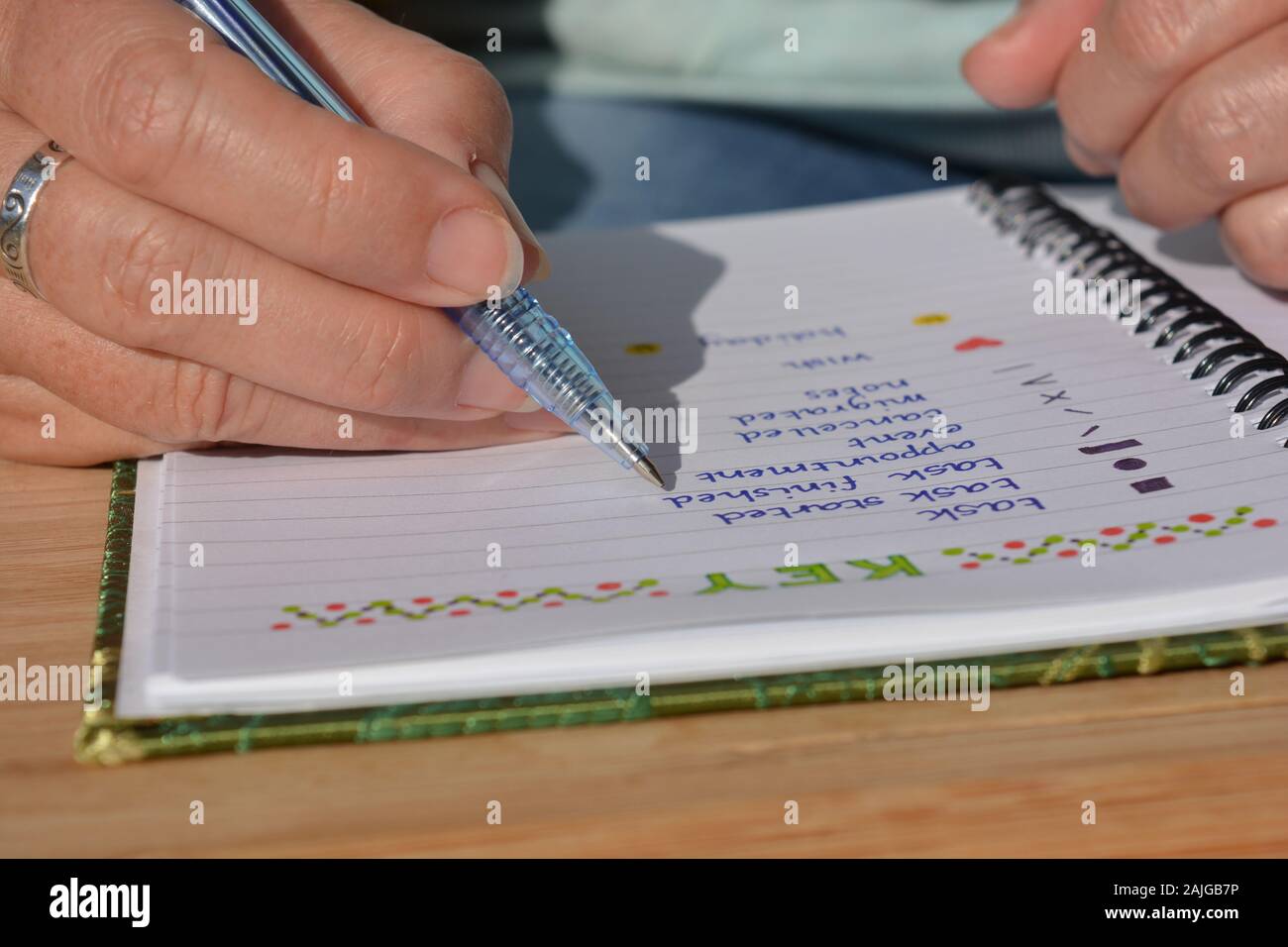 Woman writing in a bullet journal, pen in hand Stock Photo