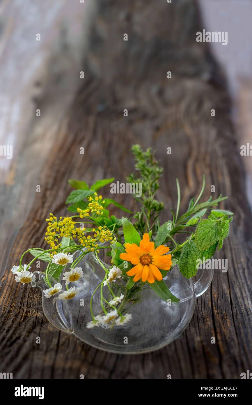 Tea-pot of herbal tea plant and, flowers isolated on aold brown wooden background Stock Photo