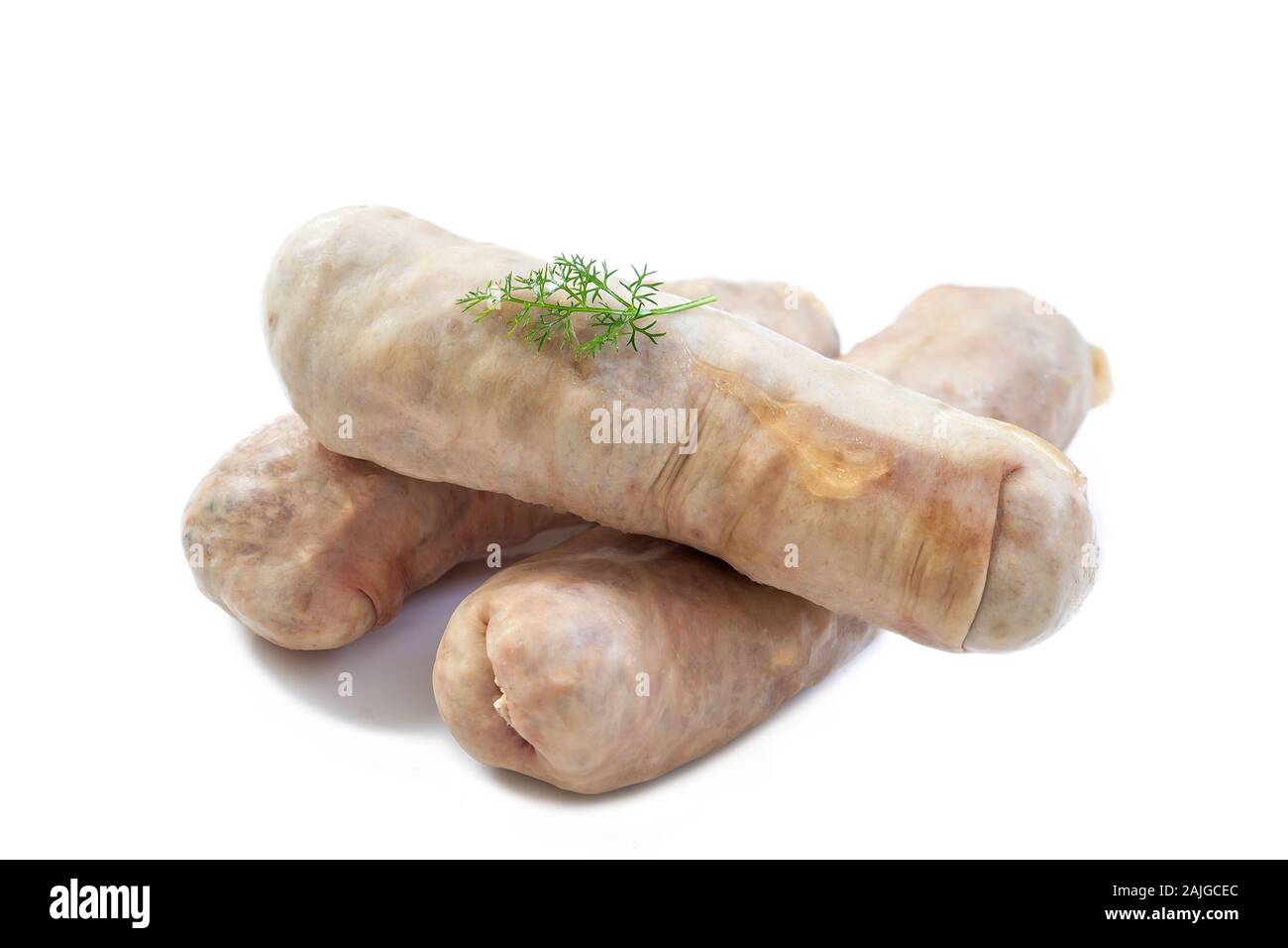 Andouillette: french typical sausage from pork intestine on a white background. Stock Photo
