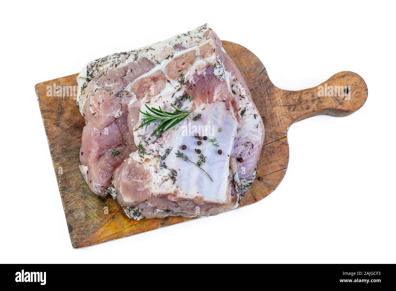 Big piece of salted streaky pork belly with skin different sizes on a white background Stock Photo