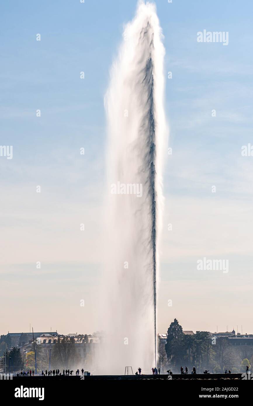 Geneva, Switzerland - April 15, 2019: Lake of Geneva with its Jet d.Eau or  large fountain spraying out of the lake 140 meters or 460 feet high the cit  Stock Photo - Alamy