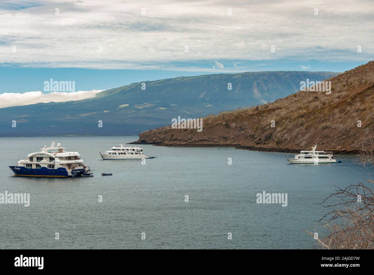 Tourist boats anchored at Tagus Cove, Isabela island, Galapagos, Ecuador. Stock Photo