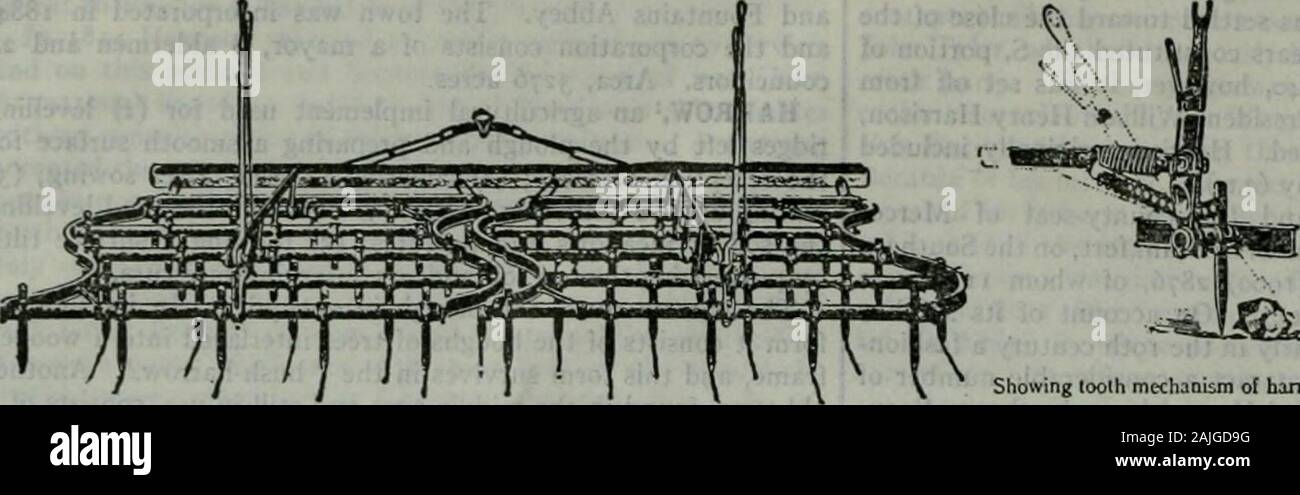 The encyclopædia britannica; a dictionary of arts, sciences, literature and general information . he Norwegianharrow with its revolving rows of spikes. A few variations and developments of the ordinary harrow requirenotice. In the adjustable harrow (fig. 2) the teeth are secured tobars pivoted at their ends in the side bars of the frame, and providedwith crank arms connected to a common link bar, which may bemoved horizontally by meant of a lever for the purpose of adjusting In Mid. Eng harwe; the O. Eng appears to have been liearge; theword is cognate with the Dutch hark. Swcd. harke, Ger. If Stock Photo